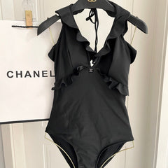 CC BIKINI SWIMSUIT SET BLACK AND RUFFLED TRIM 622180