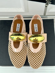 ALAIA MARY JANE SHOES IN BEIGE MESH WITH GOLD HARDWARE