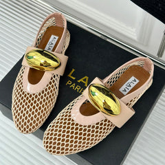 ALAIA MARY JANE SHOES IN BEIGE MESH WITH GOLD HARDWARE