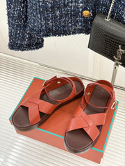 SANDALS THICK SOLE CROSS STRAP IN BURNT ORANGE AND BROWN CALFSKIN