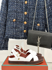 SANDALS THICK SOLE CROSS STRAP IN WHITE AND BROWN CALFSKIN