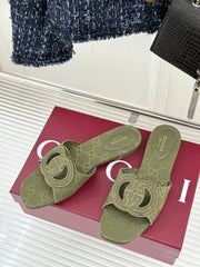 SLIDE SANDALS IN MOSS GREEN FABRIC EMBOSSED LOGO STYLE 2