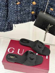 SLIDE SANDALS IN BLACK FABRIC EMBOSSED LOGO STYLE 1