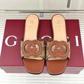 SLIDE SANDALS IN BURNT BROWN AND LIGHT BEIGE CALFSKIN