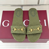 SLIDE SANDALS IN MOSS GREEN FABRIC EMBOSSED LOGO