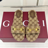 SLIDE SANDALS IN DARK BEIGE FABRIC EMBOSSED LOGO