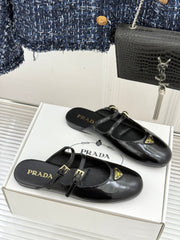PRADA 25S DUAL MARY JANE BALLERINA MULES IN BLACK CALFSKIN