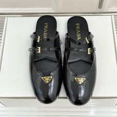 PRADA 25S DUAL MARY JANE BALLERINA MULES IN BLACK CALFSKIN
