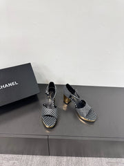 BLOCK HEEL SANDALS BLACK POLKA DOT SHEEPSKIN