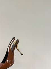 ORANGE GEM-STUDDED SLINGBACK PUMPS IN BRONZE BROWN PATENT CALFSKIN