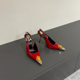 ORANGE GEM-STUDDED SLINGBACK PUMPS IN RED PATENT CALFSKIN