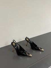 BLACK GEM-STUDDED SLINGBACK PUMPS IN BLACK PATENT CALFSKIN