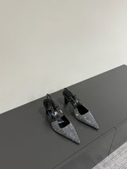 HIGH SLINGBACKS POINTED-TOE IN BLACK LAMBSKIN WITH SILVER CRYSTALS