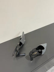 HIGH SLINGBACKS POINTED-TOE IN BLACK LAMBSKIN WITH SILVER CRYSTALS