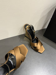 YSL STRAPPY WEDGE SANDALS 25S IN CARAMEL BROWN SATIN