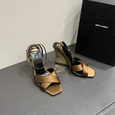 YSL STRAPPY WEDGE SANDALS 25S IN CARAMEL BROWN SATIN