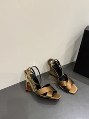 YSL STRAPPY WEDGE SANDALS 25S IN CARAMEL BROWN SATIN
