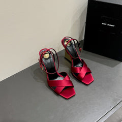 YSL STRAPPY WEDGE SANDALS 25S IN DARK RED SATIN