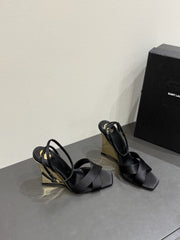 YSL STRAPPY WEDGE SANDALS 25S IN BLACK SATIN