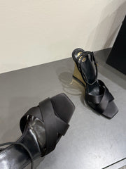 YSL STRAPPY WEDGE SANDALS 25S IN BLACK SATIN