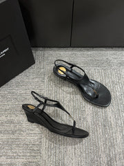 YSL WEDGE THONG SANDALS 25S IN BLACK LAMBSKIN WITH GOLD HARDWARE