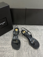 YSL WEDGE THONG SANDALS 25S IN BLACK LAMBSKIN WITH GOLD HARDWARE