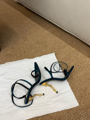 YSL HIGH HEEL SANDALS 25S IN DEEP SEA BLUE SATIN AND LAMBSKIN