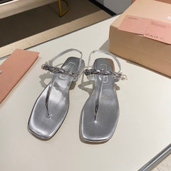 PEARL CHAIN FLIP-FLOPS SILVER LEATHER