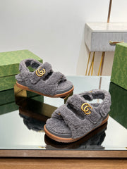 DAD SANDALS IN DARK GRAY FLEECE WITH GOLD HARDWARE