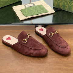 HORSEBIT MULE IN UMBER BROWN SUEDE WITH GOLD HARDWARE