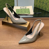 GG HIGH SLINGBACK 10.5 CM IN DOVE GREY GLOSSY CALFSKIN WITH GOLD HARDWARE