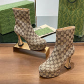 GG SHORT BOOTS 11.5 CM IN CAMEL BROWN MONOGRAM JACQUARD FABRIC