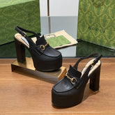 GG WOMEN'S HORSEBIT PLATFORM LOAFER SLINGBACK IN BLACK CALFSKIN