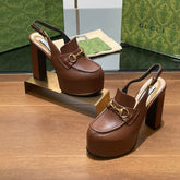 GG WOMEN'S HORSEBIT PLATFORM LOAFER SLINGBACK IN DARK BROWN CALFSKIN