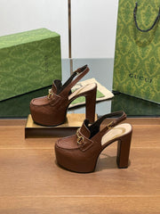 GG WOMEN'S HORSEBIT PLATFORM LOAFER SLINGBACK IN DARK BROWN EMBOSSED CALFSKIN