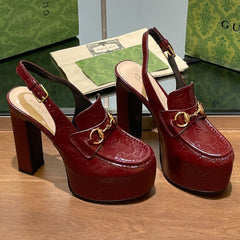 GG WOMEN'S HORSEBIT PLATFORM LOAFER SLINGBACK IN ROSSO ANCORA RED CALFSKIN