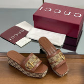 HIGH 6.3 CM WEDGE SANDALS IN BROWN CALFSKIN AND FABRIC