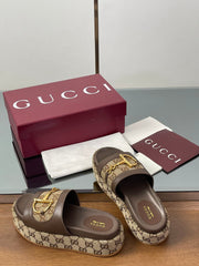 HIGH 5.5 CM WEDGE SANDALS IN BROWN MIX BEIGE CALFSKIN AND FABRIC