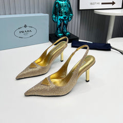 CRYSTAL SATIN HIGH-HEEL SLING BACK PUMPS GOLD