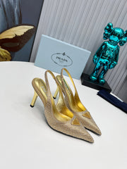 CRYSTAL SATIN HIGH-HEEL SLING BACK PUMPS GOLD