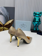 CRYSTAL HIGH-HEEL PUMPS IN GOLD SATIN WITH TRIANGLE LOGO