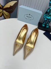 CRYSTAL HIGH-HEEL PUMPS IN GOLD SATIN WITH TRIANGLE LOGO