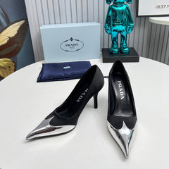 HIGH POINTED-TOE PUMPS IN BLACK MIX SILVER SATIN