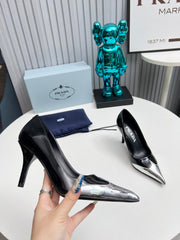 HIGH POINTED-TOE PUMPS IN SILVER MIX BLACK GLOSSY CALFSKIN
