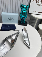 HIGH POINTED-TOE PUMPS IN SILVER GLOSSY CALFSKIN