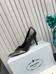 HIGH POINTED-TOE PUMPS IN SILVER MIX BLACK CALFSKIN