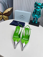 HIGH SLING BACK PUMPS IN SILVER MIX LIME GREEN SATIN