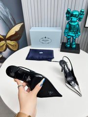 HIGH SLING BACK PUMPS IN SILVER MIX BLACK GLOSSY CALFSKIN