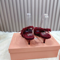 CROSS STRAP HIGH HEELED SLINGBACK IN CURRANT RED TWEED