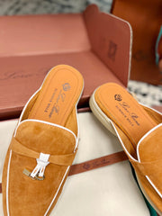 Loro Piana Salmon White Suede Charms Walk Flat Mules